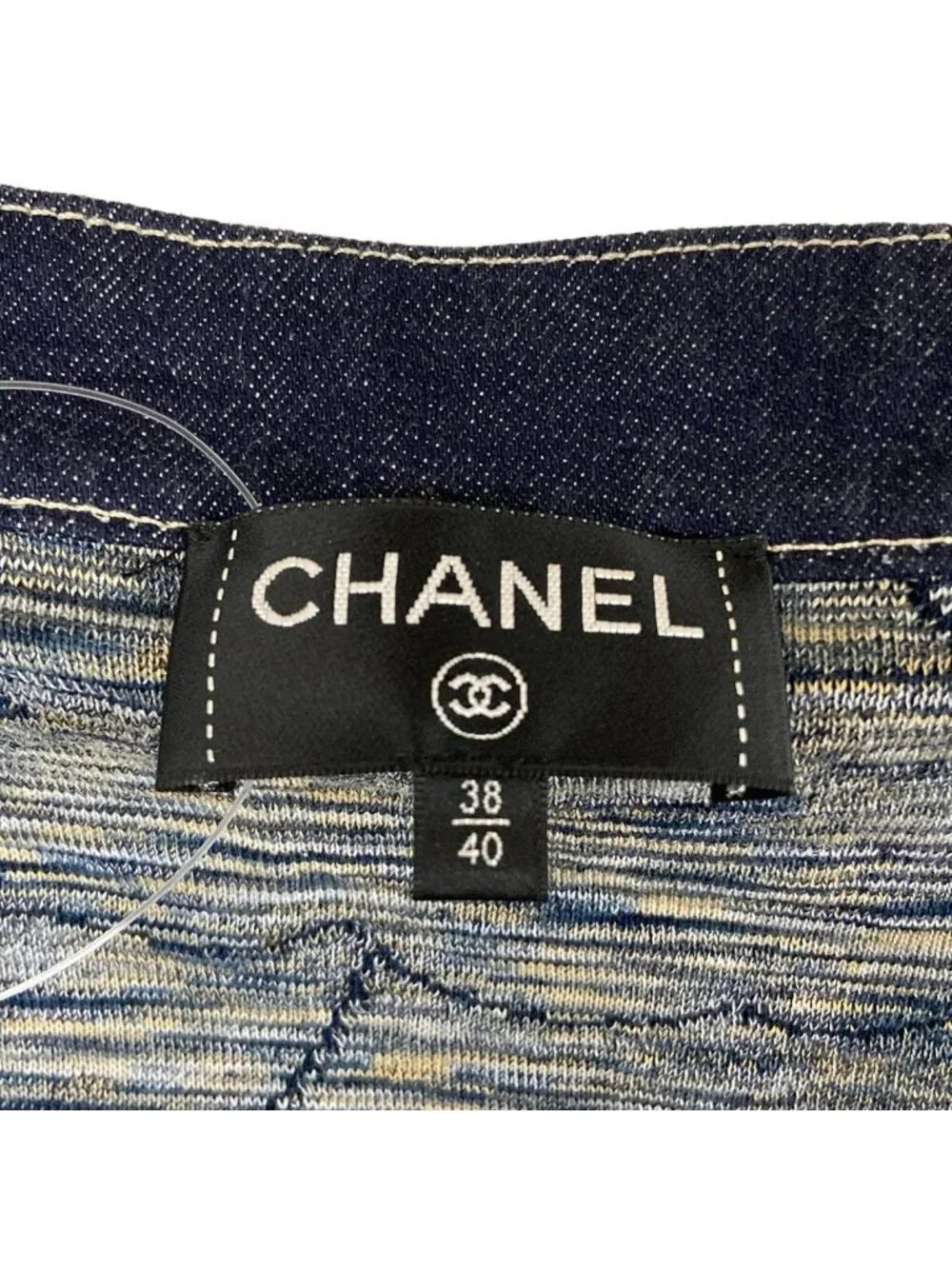Chanel Long Sleeve Top Navy Ivory Crew Neck Denim Camellia Cotton 38/40